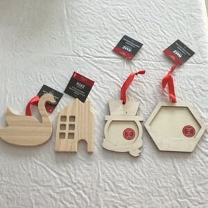 4 Holiday Ornament Set - Natural Wood Decorative Ornaments New
